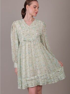 Floral Mint V-Neck Long Sleeve Smocked Dress